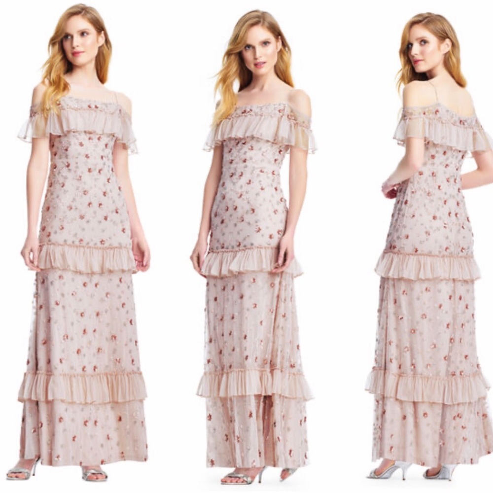 Adrianna Papell cold shoulder flutter sleeve embellished dress